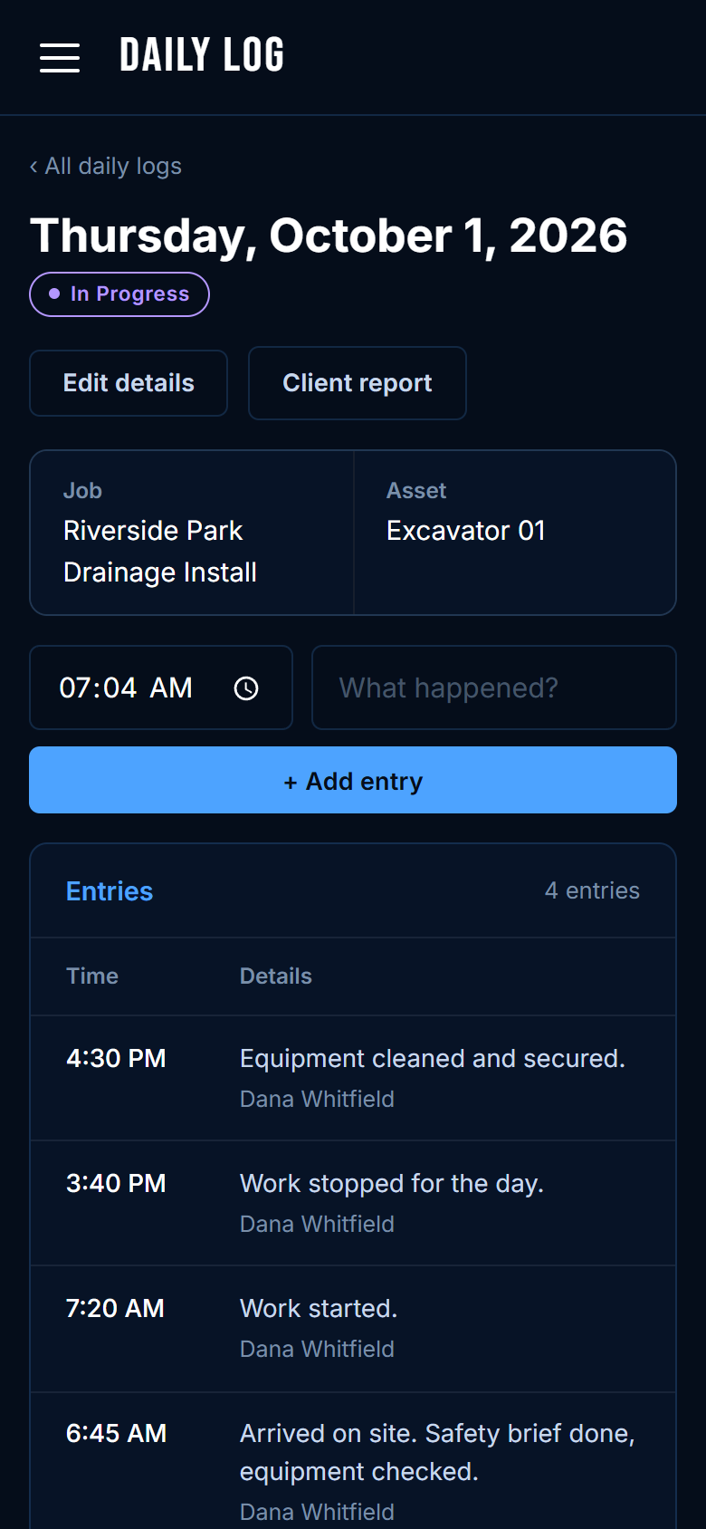 A day's log on a phone: timed entries, each with who added it